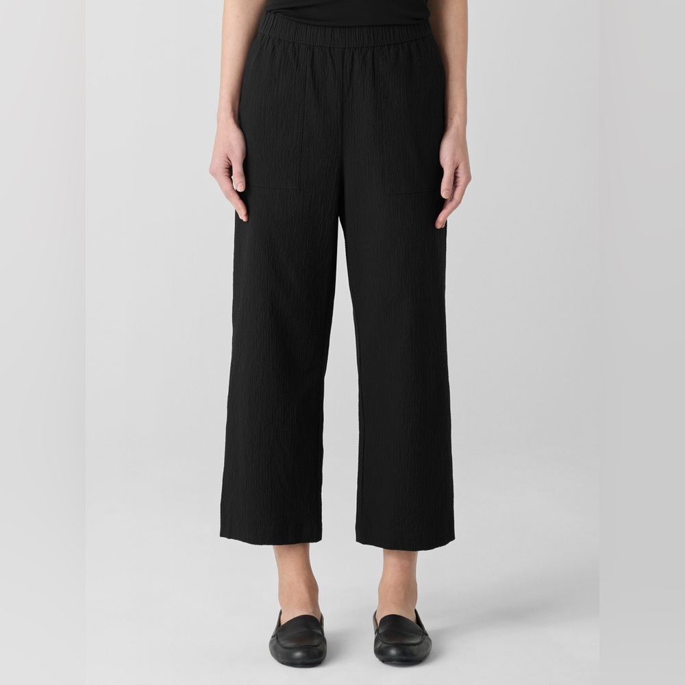 Eileen Fisher Organic Cotton Black Wide Leg Gauze Cropped Pucker Pants XXS EUC